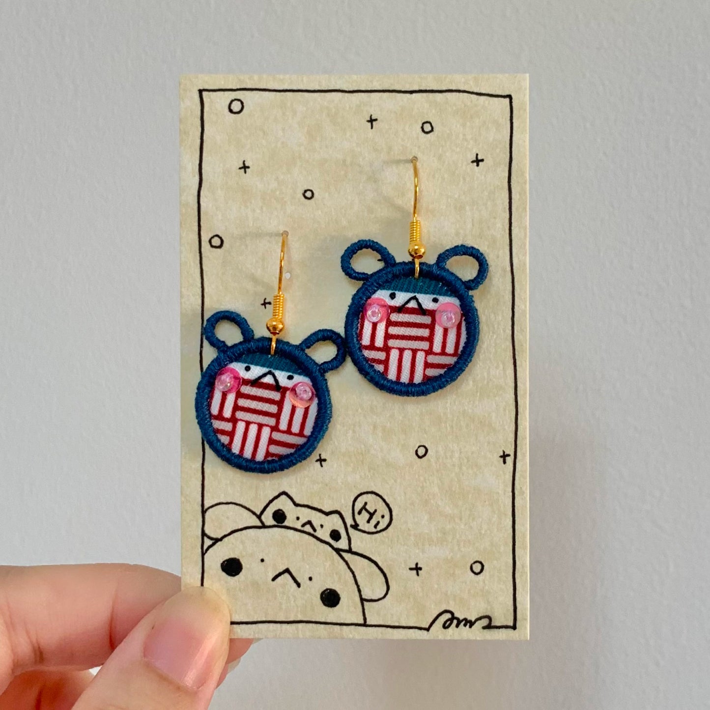 Embroidery E-mo Bear Earrings (Navy Blue)