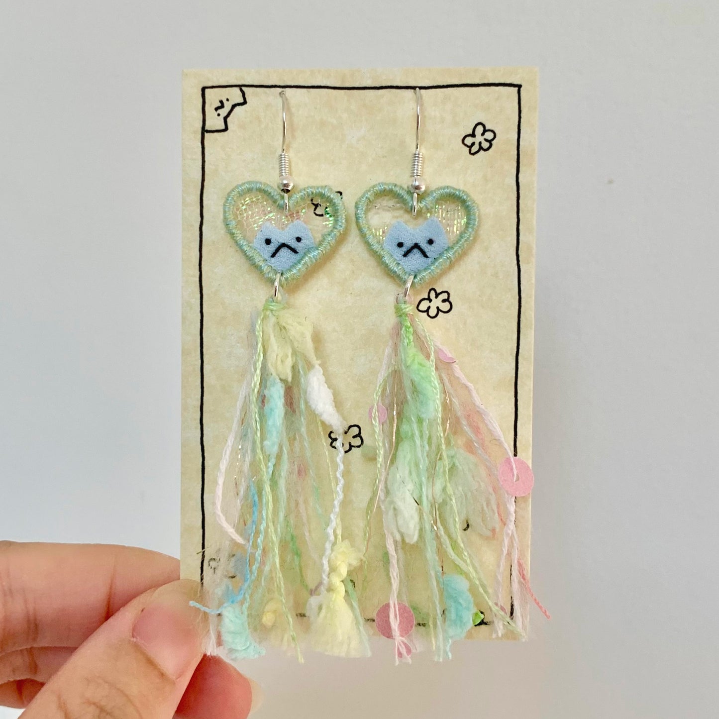 Embroidery E-mo Cat in heart Earrings with tassel (Blue)