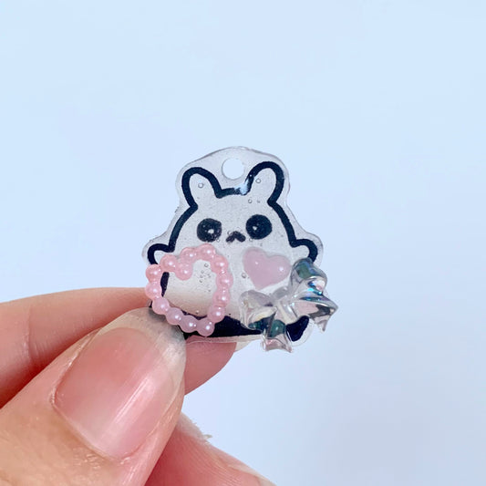 E-mo Ghost Bunny Charm, with accessories on top
