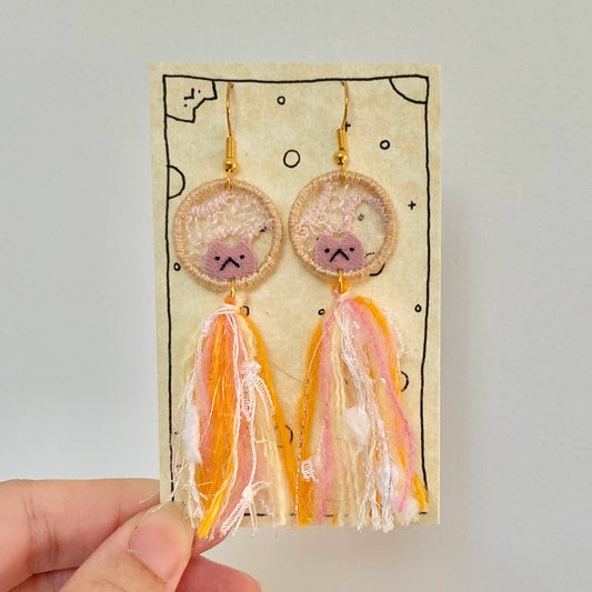 Embroidery E-mo Cat Earrings with tassel (Orange)