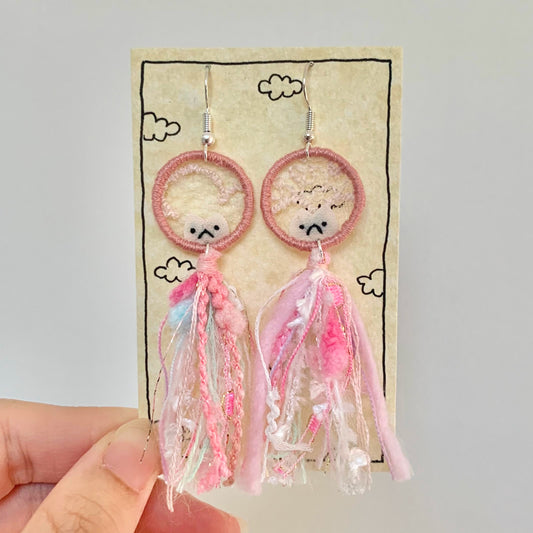 Embroidery E-mo Cat Earrings with tassel (Red)