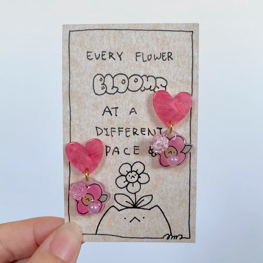 E-mo Flower with Heart Earrings