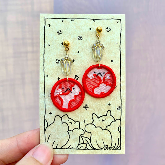 Embroidery E-mo Cat Earrings (Red Flower)